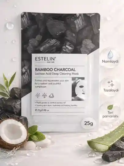 Глубоко очищающая и освежающая тканевая маска для лица Estelin Bamboo Charcoal & Lactose Acid Deep Cleaning Mask, 25 г 