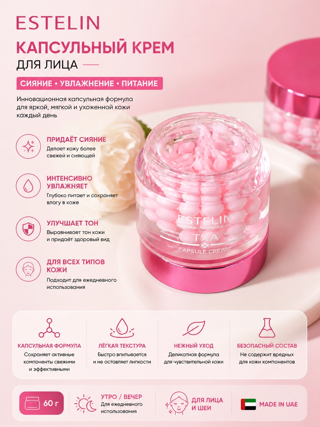  Крем для лица от акне с Ниацинамидом Estelin Niacinamide & Tranexamic Acid Whitening Capsule Cream, 60 г