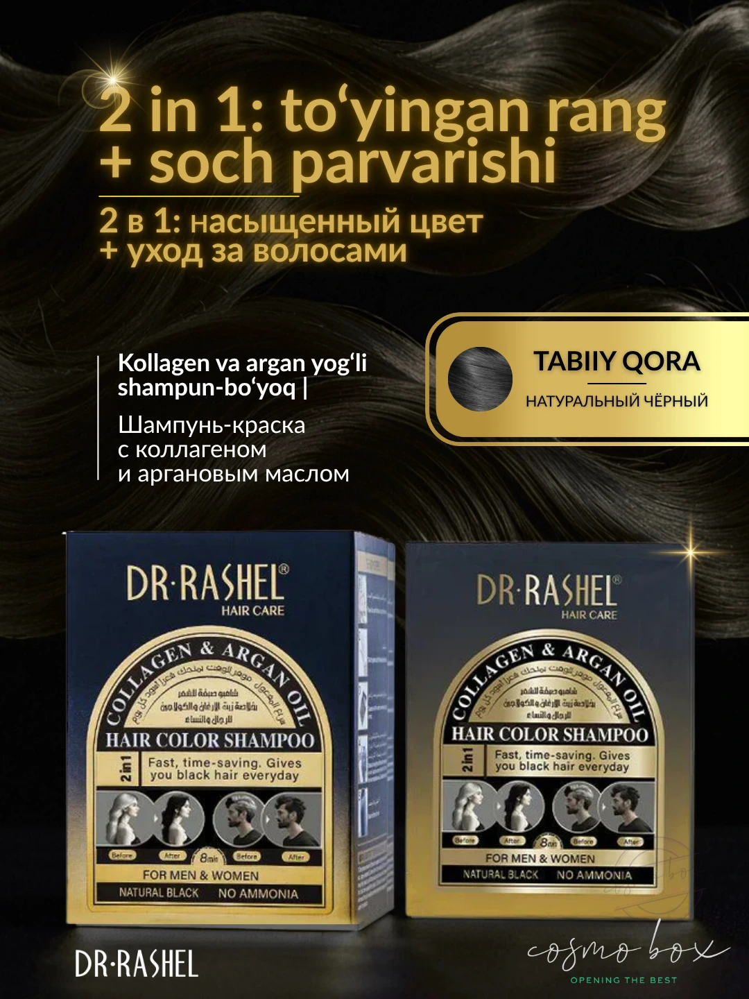 Мини-набор шампуней-краски для волос с коллагеном и аргановым маслом Dr. Rashel Collagen & Argan Oil Hair Color Shampoo (Natural Black), 25 мл × 10 шт