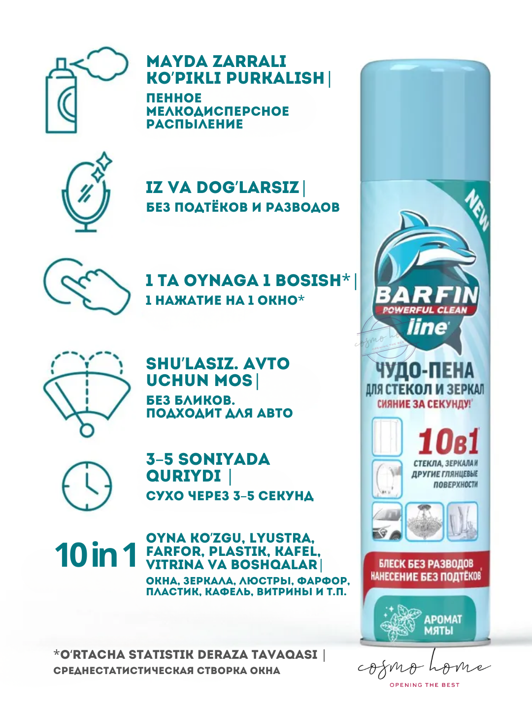Средство чистящее для стекол и зеркал «BARFIN Чудо-пена с ароматом мяты» 300 мл