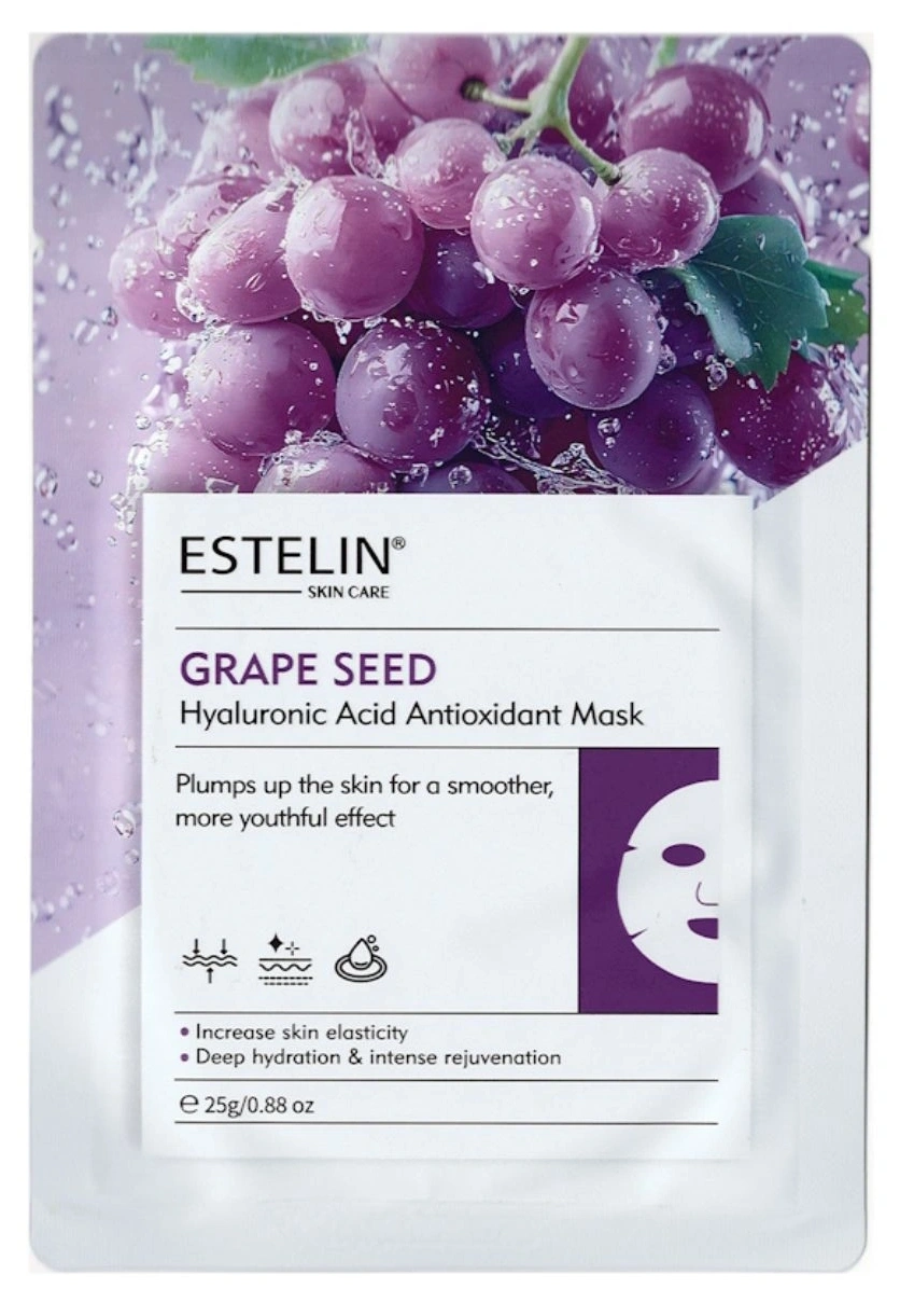 Антиоксидантная и увлажняющая тканевая маска для лица Estelin Grape Seed & Hyaluronic Acid Antioxidant Mask, 25 г 