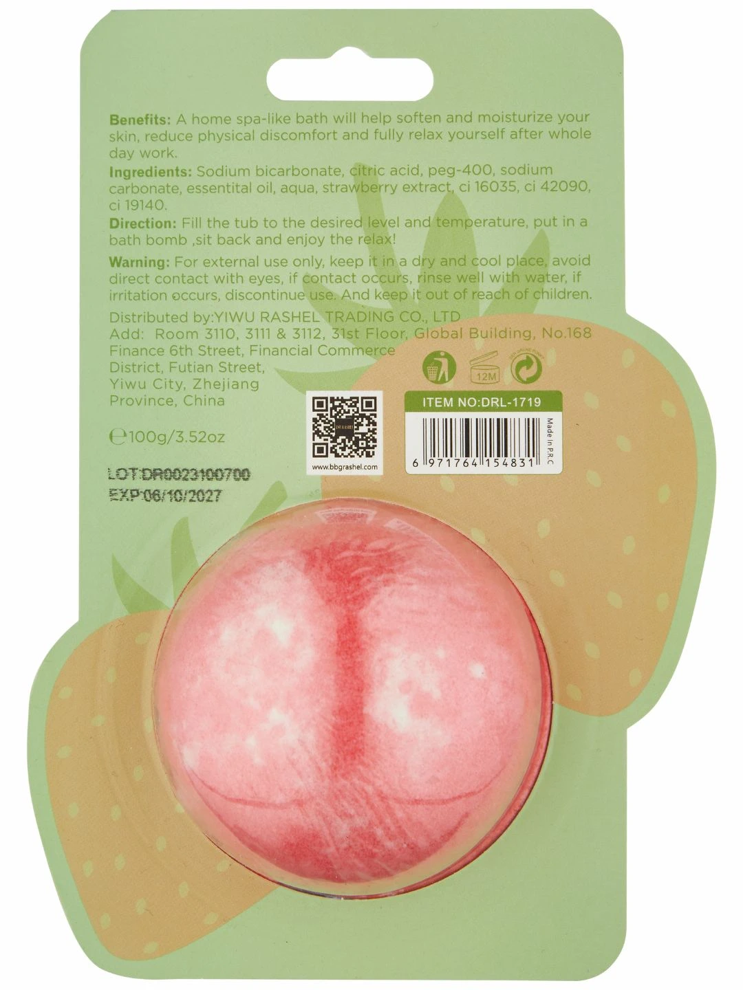 Бомбочка для ванны с ароматом клубники, Dr. Rashel Strawberry Bath Bomb, 100 г 