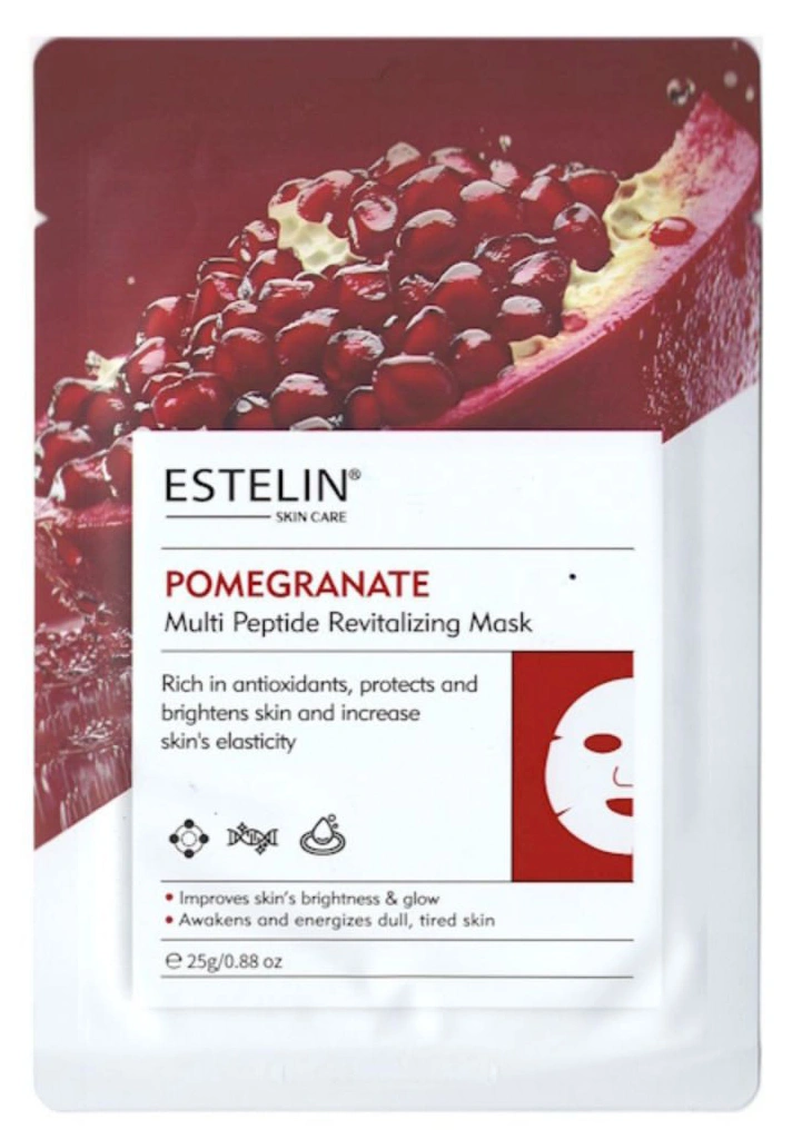 Осветляющая и тонизирующая тканевая маска для лица Estelin Pomegranate & Multi Peptide Revitalizing Mask, 25 г 