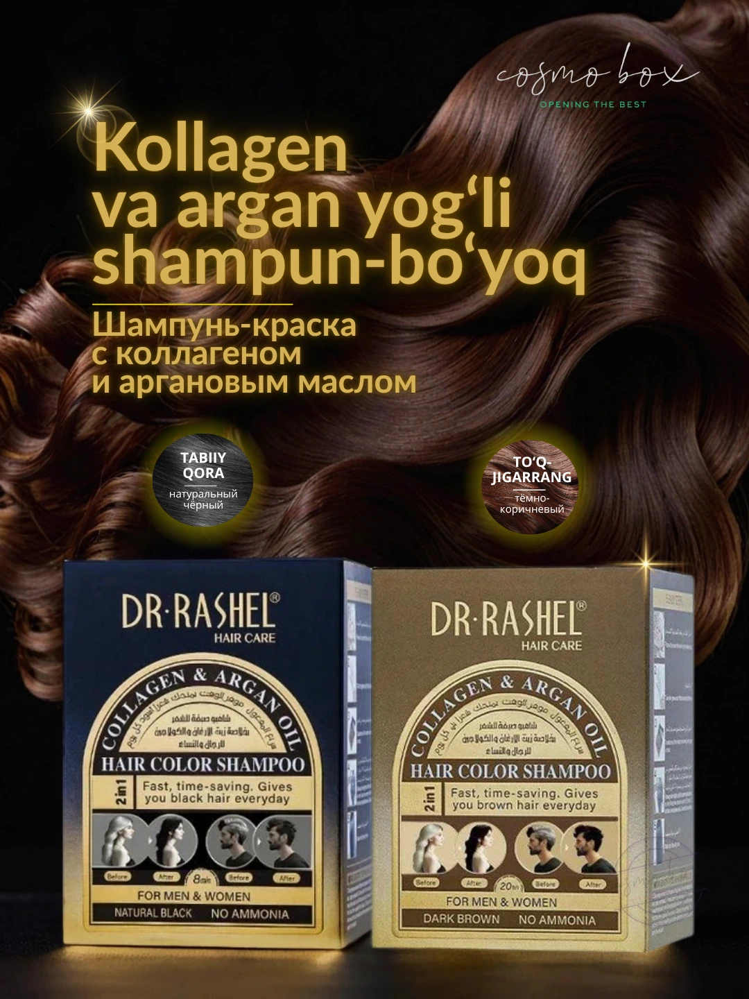 Мини-набор шампуней-краски для волос с коллагеном и аргановым маслом Dr. Rashel Collagen & Argan Oil Hair Color Shampoo (Natural Black), 25 мл × 10 шт
