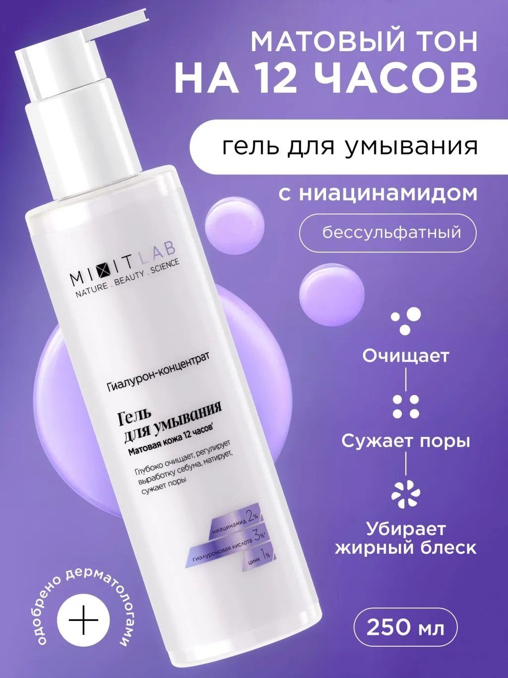 Гель для умывания лица очищающий матирующий MIXIT Niacinamide Face Cleanser 250мл
