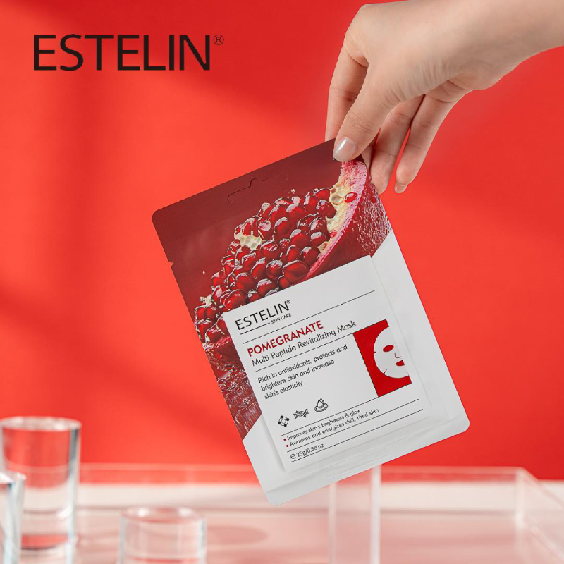 Осветляющая и тонизирующая тканевая маска для лица Estelin Pomegranate & Multi Peptide Revitalizing Mask, 25 г 